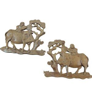 Hand-Carved Wooden Wall Decor Rustic Man On Oxen Scene 10" Chinese Asian Farmhou